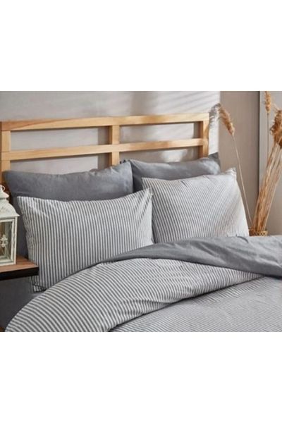 Sey Design Ριγέ μοτίβο Anthracite Λευκό Σετ Παπλωματοθήκη Μονό Σετ Σεντόνια διπλής χρήσης Ανθρακί