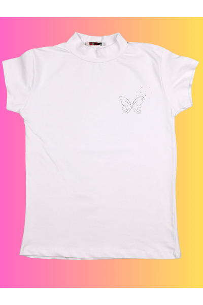 edoy Kız Okulluk Kısa Kollu Kelebek Motifli Beyaz Bluz Pamuklu Mevsimlik