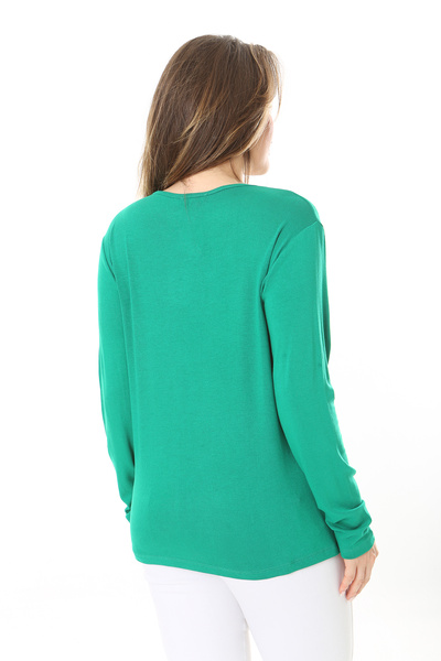 Şans Women's Plus Size Green V-Neck Stone Detailed Long Sleeve Blouse 65N37153