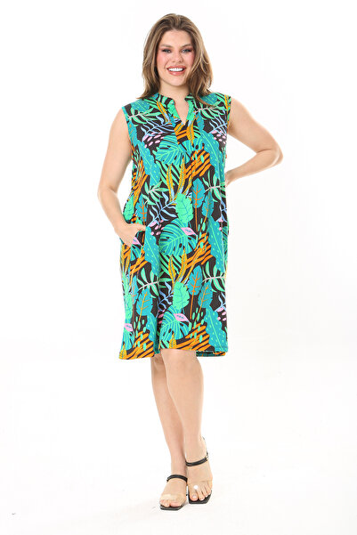 Şans Women's Large Size Green V-neck Patterned Sleeveless Dress 65N37886