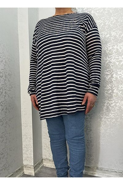 520CK WOMEN'S STRIPED LARGE SIZE SIDE SLIT BLUZ