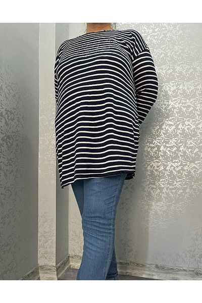 520CK WOMEN'S STRIPED LARGE SIZE SIDE SLIT BLUZ
