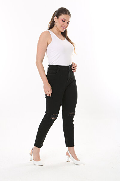Şans Women's Large Size Black Ripped Detailed 5-Pocket Lycra Jeans 65N37828