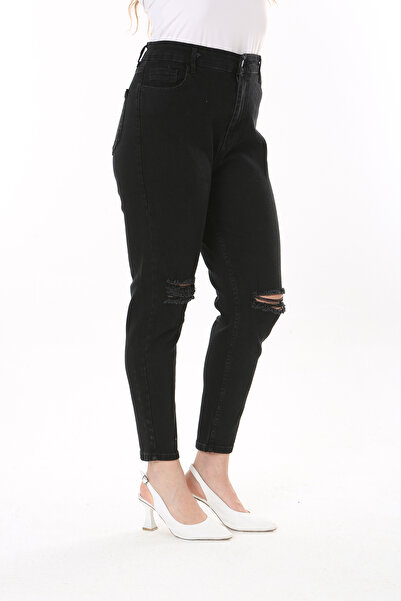 Şans Women's Large Size Black Ripped Detailed 5-Pocket Lycra Jeans 65N37828