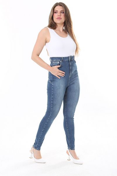 Şans Women's Large Size Navy Blue High Waist Cup Detailed Narrow Leg Lycra Jeans 65N37826