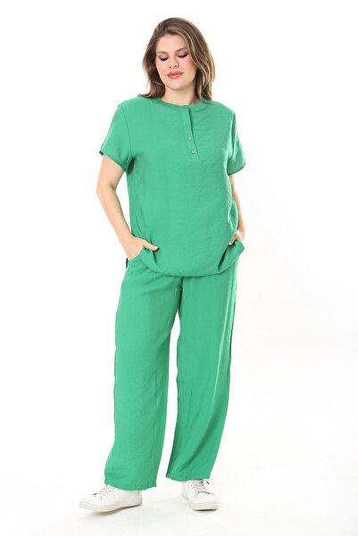 Şans Women's Plus Size Green Front Placket Buttoned Tunic and Trousers Double Set 65N37879