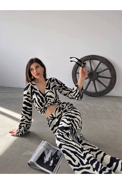 Siyah Kadınlar Zebra Desen  Bürümcük Kumaş Kadın İkili Takım