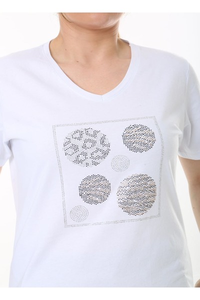 vividbutik Large Size V-Neck Front Jewelled T-Shirt