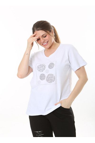 vividbutik Large Size V-Neck Front Jewelled T-Shirt