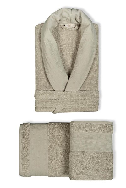 Pupilla Collection 3 Parça Diora %100 Pamuk Erkek Bornoz Seti-Bej