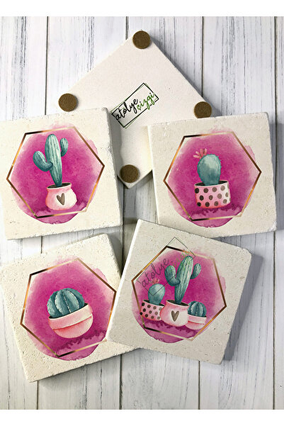 Atölye Çizgi طقم قواعد أكواب من حجر الصبار باللون الوردي مكون من 4 قطع