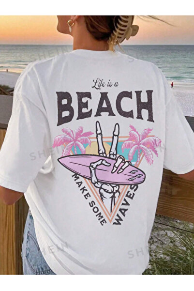 AEMİ Γυναικείο μπλουζάκι Beach Printed Oversize - 100% Βαμβάκι