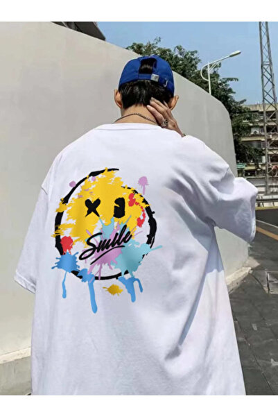 AEMİ Unisex Smile ranac Štampano 100% pamuk Oversize kroj bela T-shirt