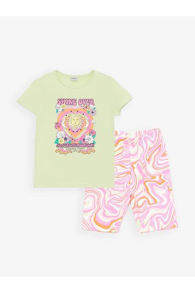 LC Waikiki LCW Kids Crew Neck Printed Short Sleeve Girls' T-Shirt and Leggings
