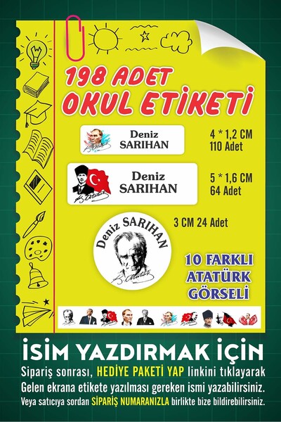 Vice isim Baskılı Defter Kalem Okul Etiketi ( 198 Adet Atatürk Temalı )