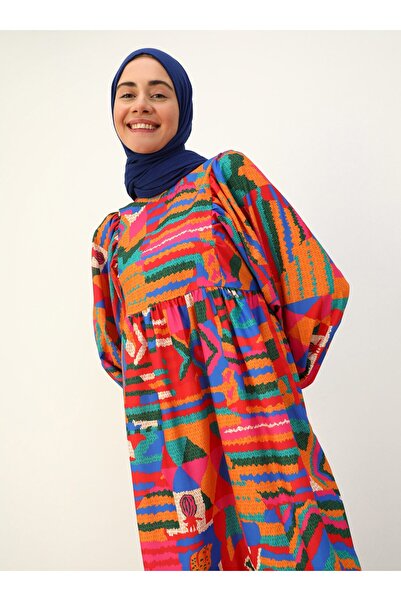 Benin Ethnic Patterned Balloon Sleeve Hijab Dress - Multicolored - Benin