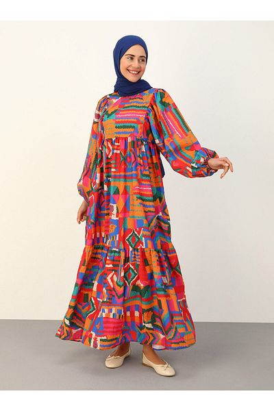 Benin Ethnic Patterned Balloon Sleeve Hijab Dress - Multicolored - Benin