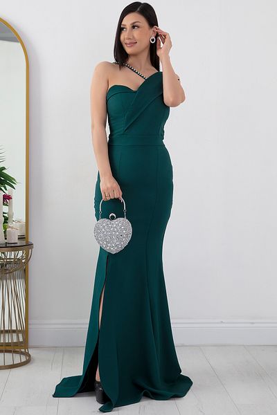 PULLIMM Pearl Detailed Long Fishnet Evening Dress with Slit 13218