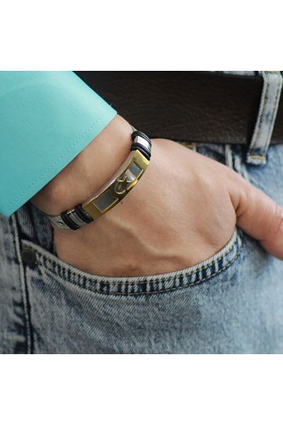 Tesbihane Tuğra Themed Length Adjustable Silver-Gold Color Steel Men's Straw Bracelet
