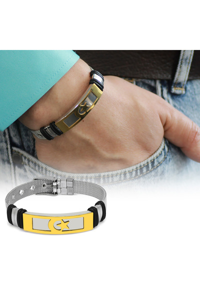 Tesbihane سوار من الفولاذ المقاوم للصدأ للرجال بطول قابل للتعديل باللون الفضي والذهبي