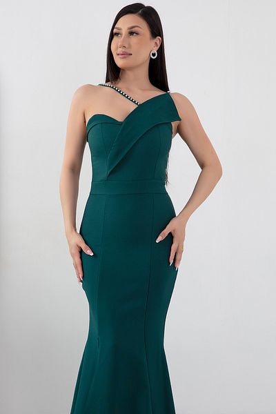 PULLIMM Pearl Detailed Long Fishnet Evening Dress with Slit 13218