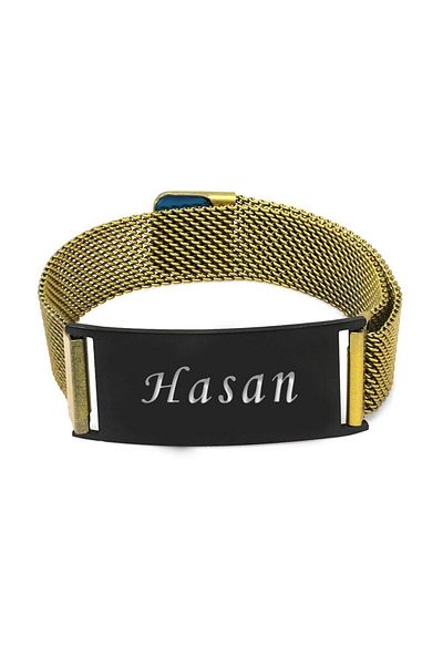 Tesbihane Antique Yellow Color Steel Men's Mesh Bracelet with Black Background and Magnet Closure
