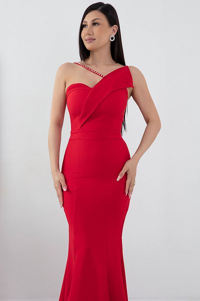 PULLIMM Pearl Detailed Long Fishnet Evening Dress with Slit 13218