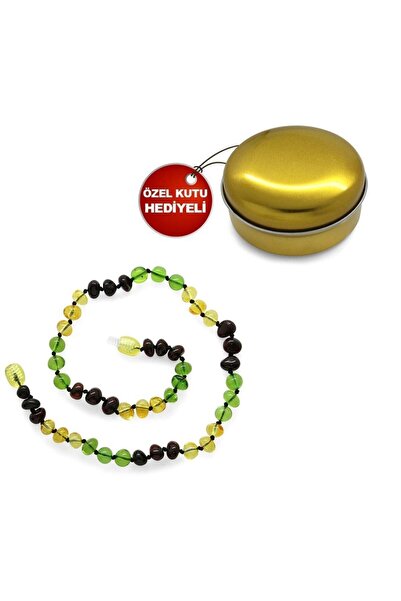 Tesbihane Multicolor Şık Kutulu Özel Seri Natural Damla Kehribar Taşlı Bebek Diş Kolyesi