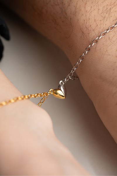 Nereze 925 Ayar Gümüş Rodyum Ve Gold Kaplama Çift Kalp Mıknatıslı Sevgili Bilekliği