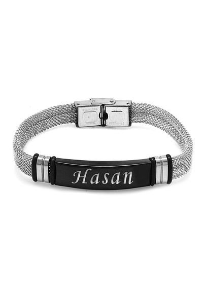 Tesbihane Silver Color Steel Men's Straw Bracelet with Black Background