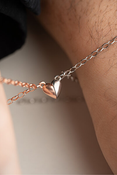 Nereze 925 Ayar Gümüş Rodyum Ve Rose Kaplama Çift Kalp Mıknatıslı Sevgili Bil...