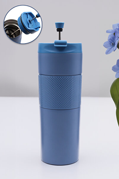 Trendmiya Mavi French Pressli 450ml Çelik Termos