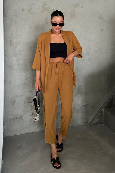 MODAGEN Women's Camel Kimono Top and Bottom Carrot Pants Set