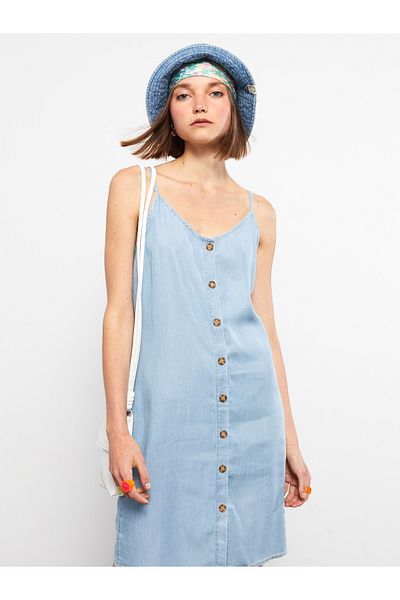 LC Waikiki Rodeo-Jeanskleid für Damen – gerade Träger und herzförmiger Kragen
