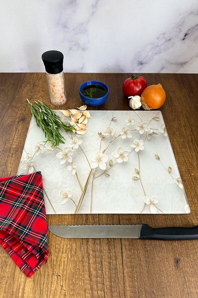 Decorita Glass Cutting Board - Glass Cutting Board |   White Flower - Gold |   29cm X 34cm
