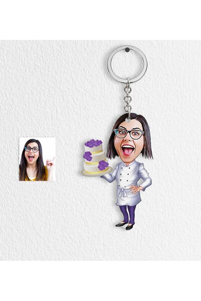 Bk Gift Kişiye Özel  Pasta Şefi Karikatür Anahtarlık - 1