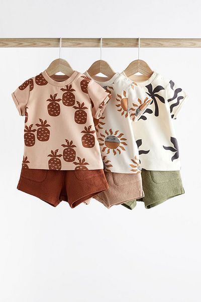 Next Baby Brown Khaki Pineapple Patterned Shorts Set - Short Sleeve Set of 3