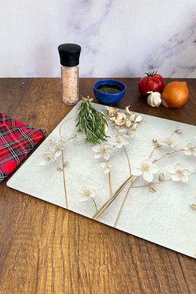 Decorita Glass Cutting Board - Glass Cutting Board |   White Flower - Gold |   30cm X 40cm