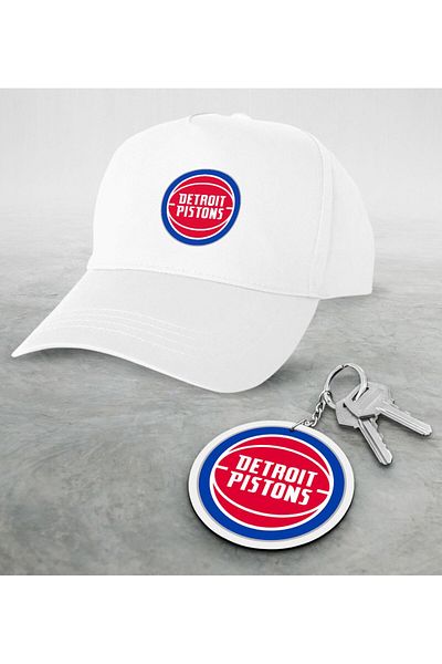 Bk Gift NBA Detroit Pistons White Hat and Wooden Keychain Set