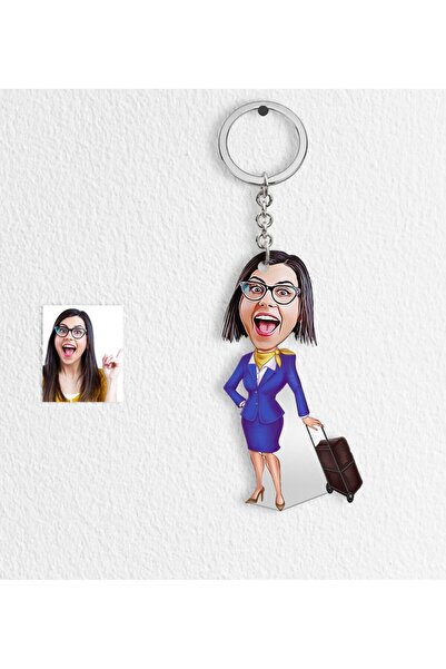 Bk Gift Kişiye Özel  Uçuş Görevlisi Hostes Karikatür Anahtarlık - 2