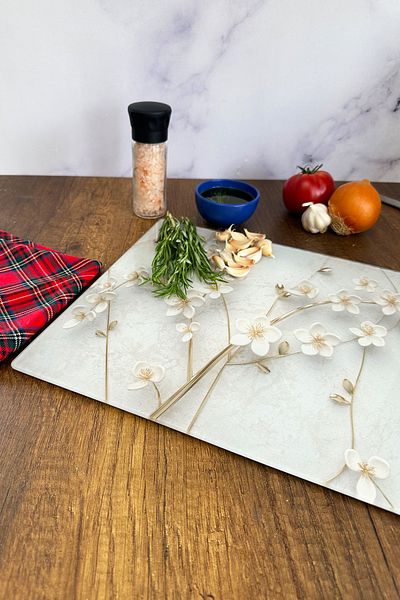 Decorita Glass Cutting Board - Glass Cutting Board |   White Flower - Gold |   29cm X 34cm