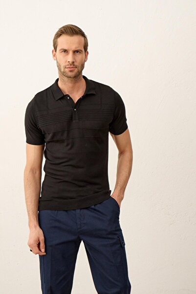 Danger Men's Line Patterned Slim-fit Fit Polo Collar Summer Knitwear T-shirt Black
