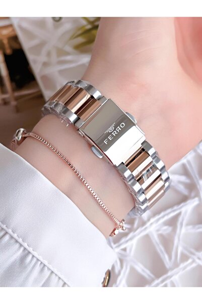 FERRO ساعة يد نسائية بتصميم خاص باللون الفضي/الوردي، مقاومة للتشوه، 3 ATM، مع حبل معدني Bfl21261-s