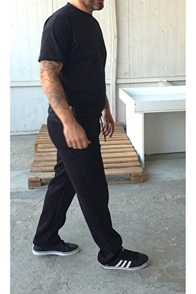 FİTGO Ανδρικό παντελόνι με 2 κλωστές, μαύρο oversize, ίσιο, καλοκαιρινό πάτο