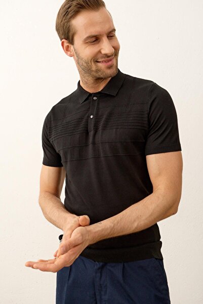 Danger Men's Line Patterned Slim-fit Fit Polo Collar Summer Knitwear T-shirt Black
