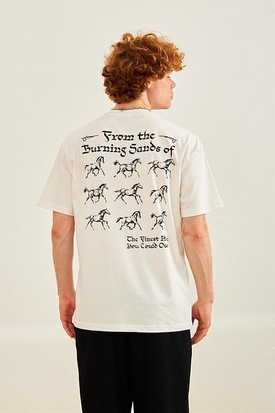 Danger Men's Text and Horse Printed Oversize T-shirt Ecru