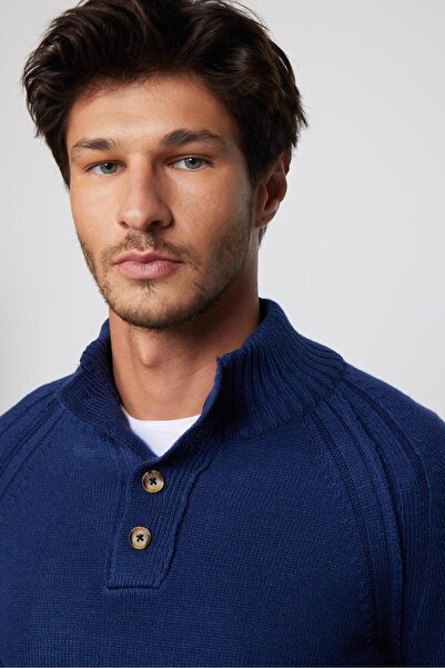 Tudors Erkek Slim Fit Dar Kesim Dik Yaka Düğmeli Lacivert Triko Kazak