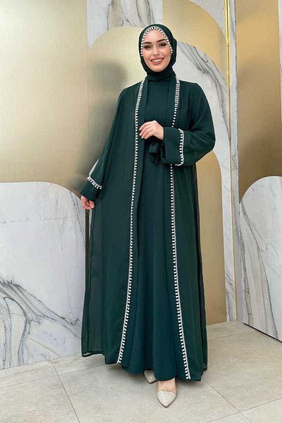 Bym Fashion Σετ φόρεμα Pearl Detailed Abaya 8493 Emerald