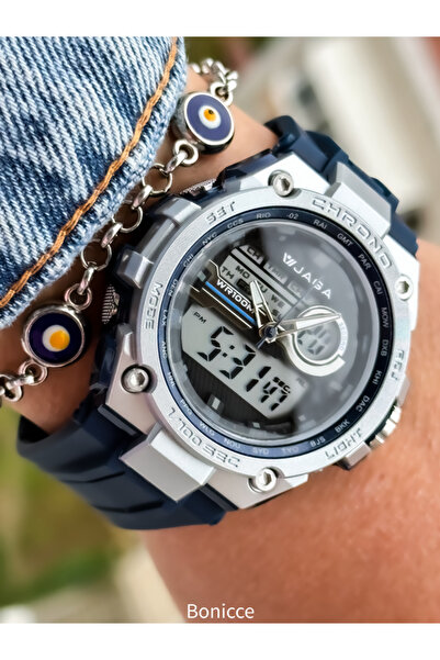 Jaga Navy Blue Silicone Corded Digital Sports Women's Wristwatch and Bracelet Set