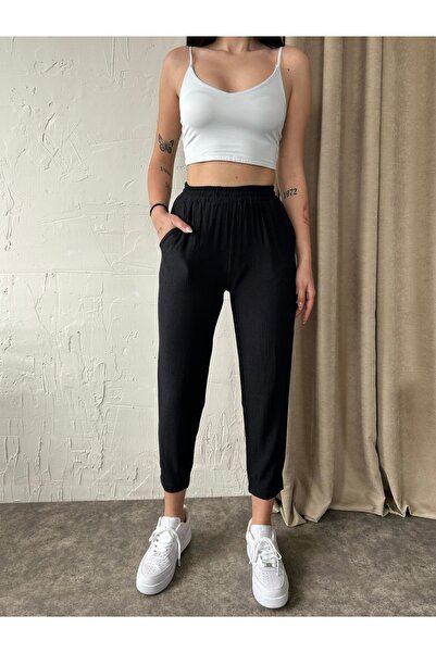 Fav Style Women's High Waist Elastic Double Pocket Pleated Skinny Leg Wrap Pants Black